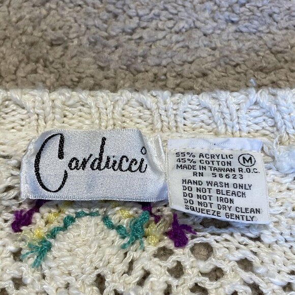 Vintage Carducci Crochet Cardigan Women's M Ivory Pointelle Cottagecore Whimsy - Picture 8 of 10